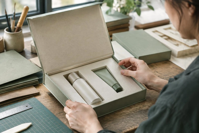 Een verpakkingsontwerper die proefproducten controleert in een passende inlay voor een geschenkdoos
