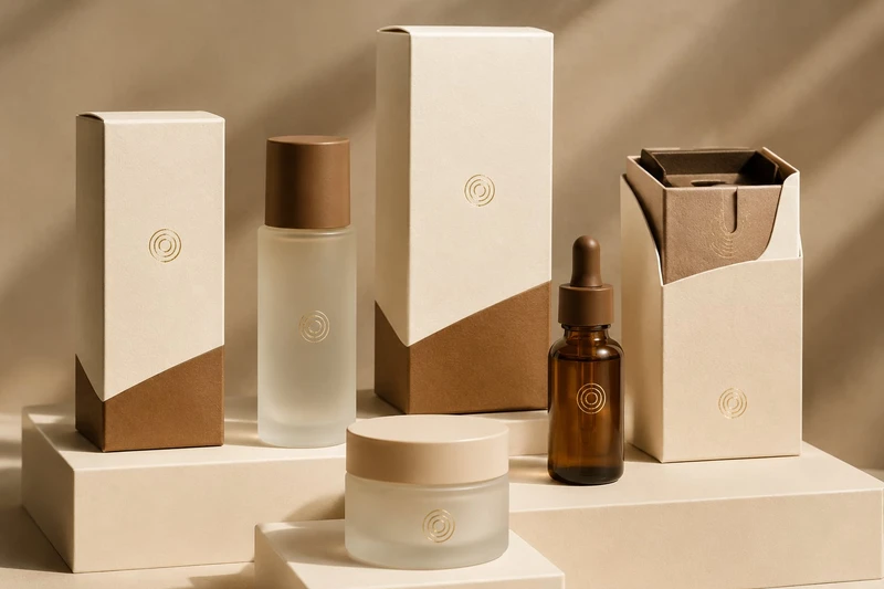 Bijpassende crèmekleurige en kraftkleurige skincare-dozen met bijpassende flesetiketten