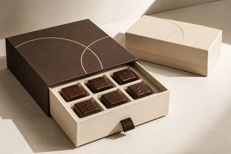 Chocoladeladedoos met een passende papieren inlay en goudfoliedetails