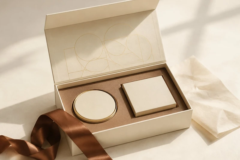 Open crèmekleurige geschenkdoos met bijpassende inlays, gouden details en een bruin lint